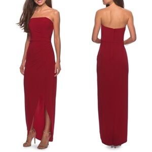 New La Femme Strapless Ruched Soft Jersey Gown Red Holiday Christmas Sz 6